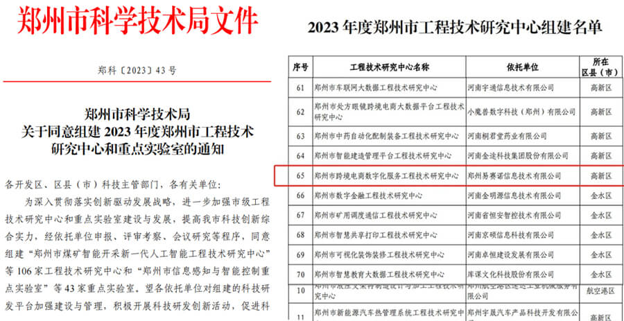 易赛诺获批组建2023年度郑州市跨境电商数字化服务工程技术研究中心